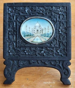 Antique Indian Miniature Painting In Ebony Frame Taj Mahal India - Picture 1 of 7