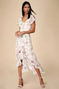 Lulus Hi Low Midi Dress Lovestruck White Pink Floral Fairy Split Sleeves Medium - Picture 1 of 10