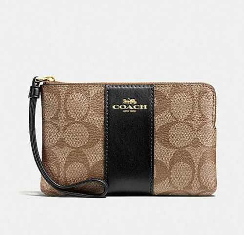 COACH Portafoglio da polso con zip angolare pochette firma tela kaki nero F58035 nuovo con etichette