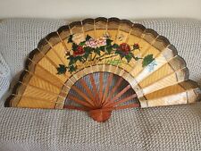 Large Asian Wall Fan, Hand Painted Bamboo Wicker and Rice paper Mid Century Rare