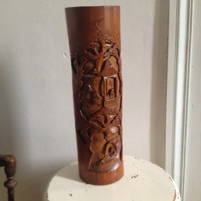 Pot à pinceaux en bambou sculpté, décor de personnages et de bateau Chine 19 eme - Photo 1/4