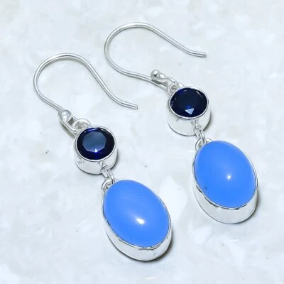 Pendiente de joyería de plata hecho a mano de ónix azul, piedras preciosas de zafiro 2,0" ERJ14190 Foto 1 de 2