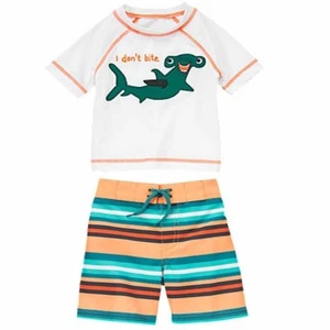 Gymboree Infant Baby Boy 18-24 Months Striped Swimsuit & Shark Rash Guard Top - Picture 1 of 4