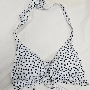 NEW IVORY ROSE FULLER BUST TRIANGLE BIKINI TOP HALTER STYLE B&W POLKA DOT 34DD/E - Picture 1 of 8