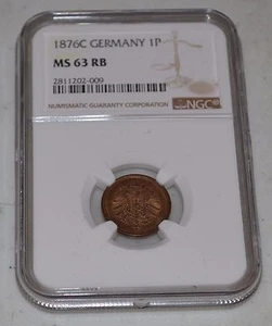 1876C Germany One Pfennig Graded by NGC as MS 63 RB - Picture 1 of 4