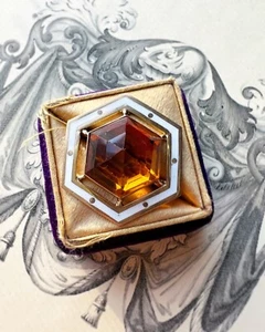 ANTIK • Viktorianisches 10k Gold mit ausgefallenem Madeira Citrin & Champlevé Emaille Brosche - Bild 1 von 3