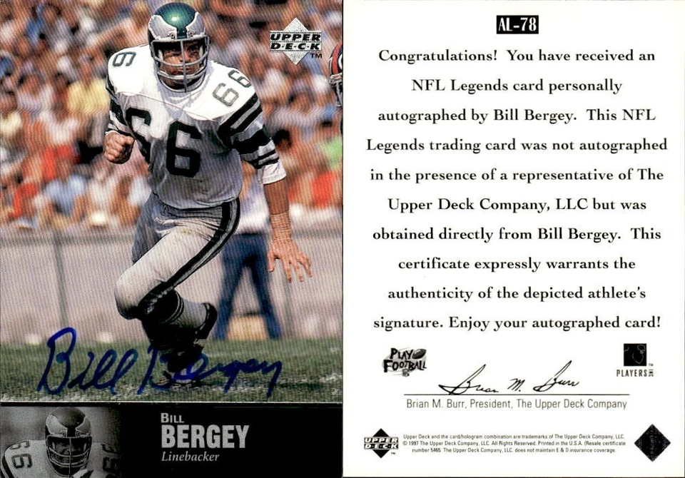 BILL BRADLEY 1997 UPPER DECK NFL LEGENDS AUTOGRAPH PHILADELPHIA EAGLES ON-CARD - Image 1 of 1