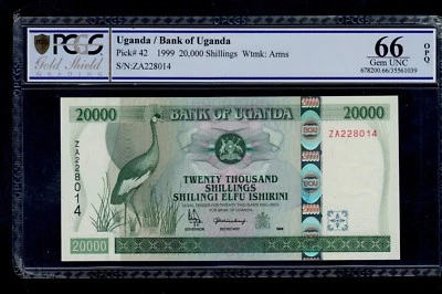 UGANDA  20000 SHILLINGS  1999  ZA  PICK # 42 PCGS 66 GEM UNC OPQ. - Image 1 of 2