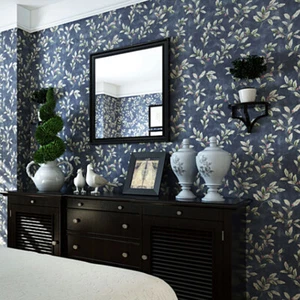 10M American Country Navy Blue Leaves Cherry Pure Paper Wallpaper Textured Roll - Picture 1 of 10