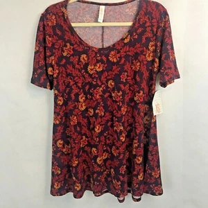 LULAROE PERFECT T FOGLIA FLOREALE, ROSSO, GIALLO, ARANCIONE SU VIOLA BLUASTRO TAGLIA XS - Foto 1 di 5