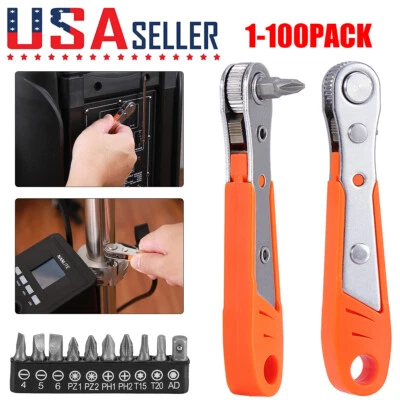 Ratcheting Right Angle Screwdriver Hex Drive 90 Degree Offset + 10Pcs Bits Set - Image 1 of 4