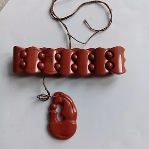 Natural Carved Red Jasper GemStone Stretch Bracelet Mother & Child Pendant Set - Picture 1 of 3