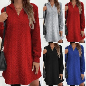 Womens Hooded Sweatshirt Dress Ladies Hoodies Pullover Jumper Dress Plus Size - Picture 1 of 18