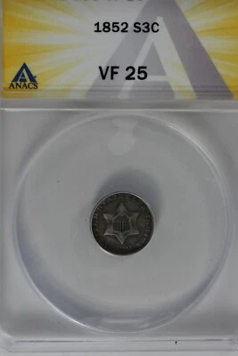 1852 .03 ANACS  VF 25    STAR AND SHIELD three cent (3c) piece, Trime - Image 1 of 2
