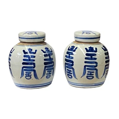 Par de tarros de jengibre de porcelana azul blanco pequeños personajes orientales Shou ws1384 Foto 1 de 4