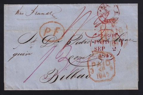 Great Britain 1847 Stampless Folded Letter SFL Glasgow Scotland to Bilbao Spain Cover