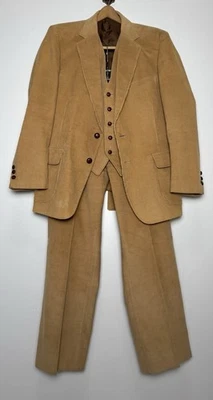 Vtg 1970s Sears Roebuck 3-Piece Tan Corduroy Suit 36W Vest Jacket Pants - Image 1 of 4