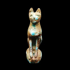 Authentische einzigartige antike ägyptische sitzende Stein/Fayence Katze Bastett Amulett Statue - Bild 1 von 6