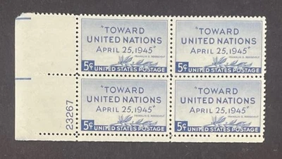 EE. UU. 928 5c Conferencia de las Naciones Unidas bloque de placas sin usar de cuatro nunca articulado 1945 Foto 1 de 4