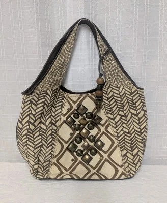 Bolso de Hombro Hobo Cartera Fossil Ari Adornado Beige y Ceja Lona  Foto 1 de 4