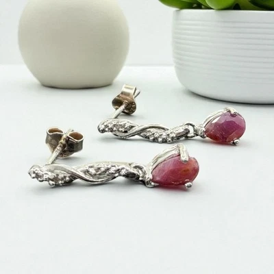 Natural Red Ruby Diamond Dangle Earrings 925 Sterling Silver  - Image 1 of 4