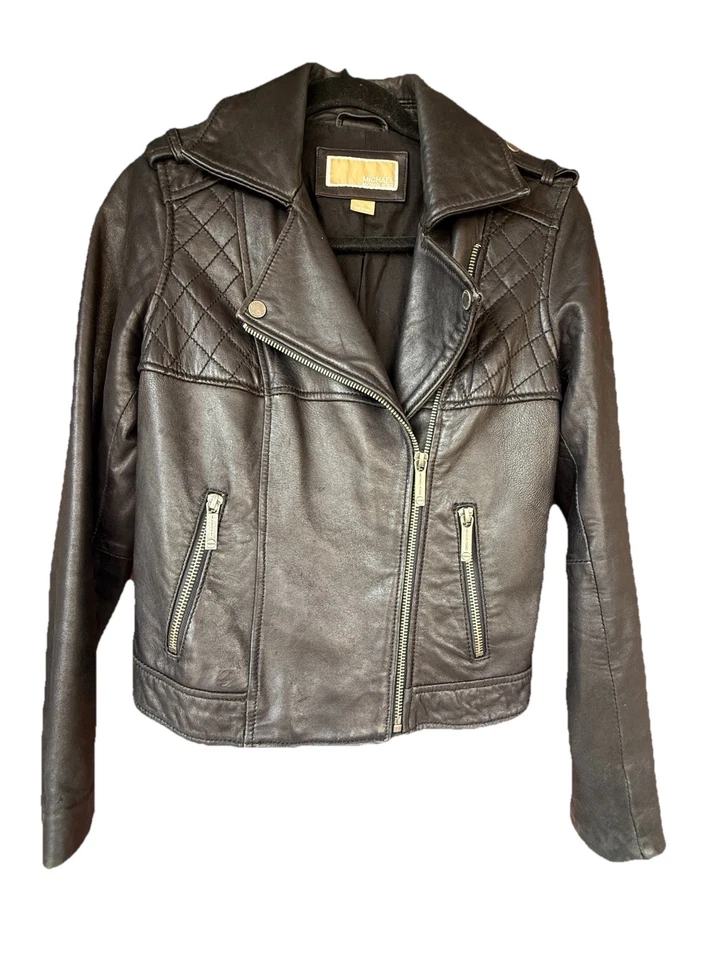 Jaqueta de couro Michael Kors Moto zíper completo bolsos com zíper para motociclista preta feminina P - Imagem 1 de 4