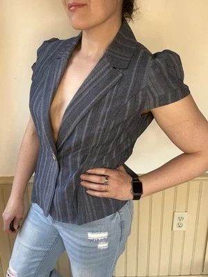 Motto Cropped Denim Vest Blouse Embroidered Cap Sleeve M Pink Grunge Whimsigoth - Image 1 of 4