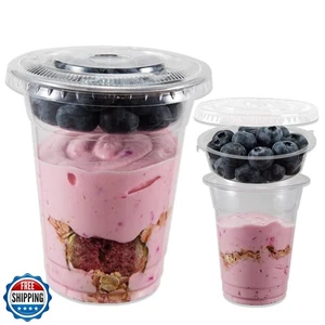 50 Sets 12 oz Clear Plastic Parfait Cups with INSERT and FLAT Lids(NO HOLE) - - Picture 1 of 5