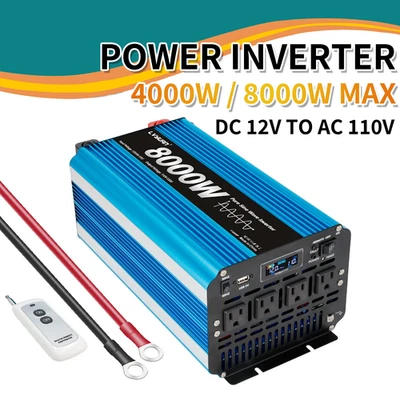 4000W 8000W Pure Sine Wave Power Inverter 12V DC to 110V AC for RV Camping Truck - Image 1 of 4