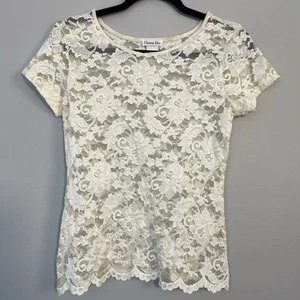 Christian Dior Vintage Womens Ivory Lace Top T-Shirt Med Stretch Sheer Scalloped - Picture 1 of 12