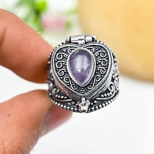 Amethyst Pill Box Gemstone Silver Ring 925 Sterling Silver Adjustable Jewelry - Picture 1 of 5