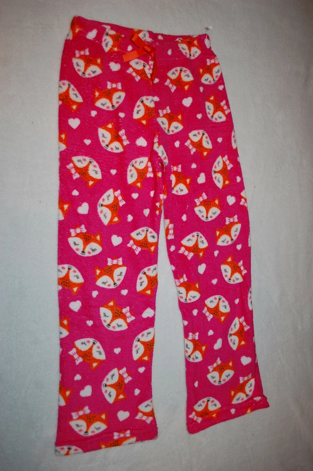 Girls Pajama Pants PINK FLEECE w/ CUTE ORANGE FOX & BOWS Sleep Lounge M 7-8 - Image 1 of 1
