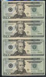$20.00 FRN - Boston, 2004A Fr. #2091A* UNCUT Strip of 4 STAR NOTES in folder UNC - Picture 1 of 3
