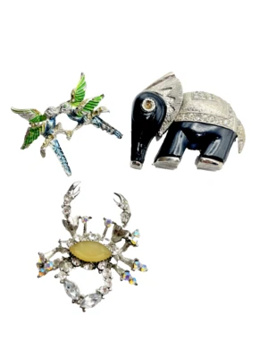 3 broches plateados de cangrejo animal/pájaro/elefante/  Foto 1 de 4