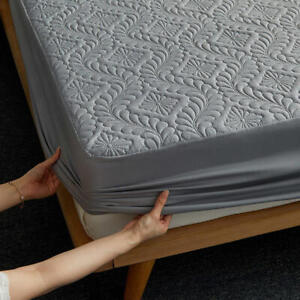 Quilted Fitted Bed Sheet With Elastic Solid Color Mattress Cover Protector Bed
