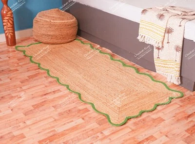 Braided Scalloped Natural Jute Runner with Light Green Border, Bohemian Jute Rug - Image 1 of 4