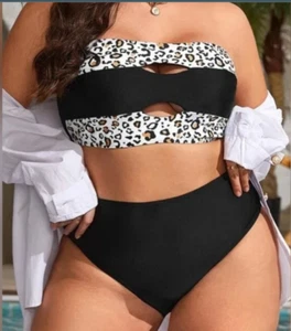 Shein Plus Leopard Print Cut Out Bandeau Bikini Swimsuit XL - Picture 1 of 3