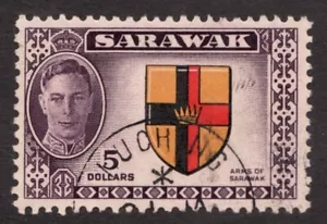 1950 Sarawak Sc# 194 - $5, KGVI, Coat of Arms - Used postage stamp Cv$24 - Picture 1 of 1