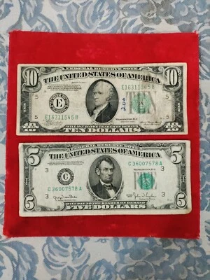 1934 $10 and 1950 $5 Lot Of Two US Dollar  Notes Moderate Condition  - Image 1 of 4