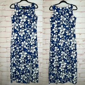 Kona Malia Hawaii Sz M Maxi Dress Floral Colorful Tropical Cotton Hibiscus Blue - Picture 1 of 9