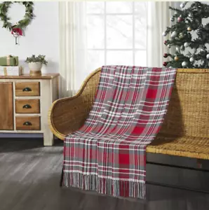 Farmhouse Christmas Red Black Gray Plaid Woven Cotton Fringed Throw Blanket - Picture 1 of 4
