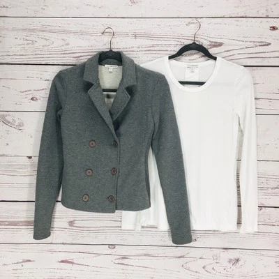 Lote 2-James Perse Feminino 0/XS-Jaqueta/Camisa de Peito Duplo Cinza Branco - Imagem 1 de 4