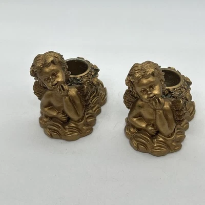 Pair Gold Resin Cherub Angel Tapered Candle Holders Table Decor - Image 1 of 4