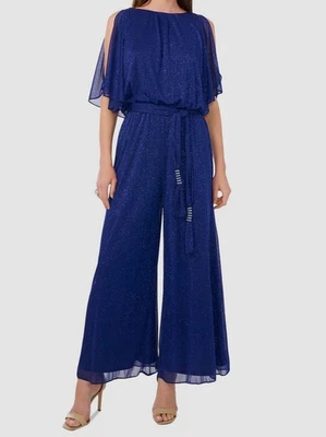 MSK Women's Blue Glitter-Chiffon Blouson Wide-Leg Jumpsuit Size XL - Image 1 of 4