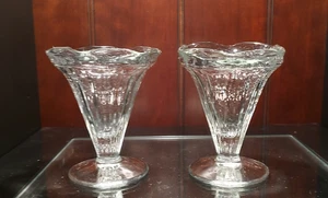 Pair of Clear Glass Footed Ribbed Sundae Ice Cream Dishes with Scalloped Rim - Picture 1 of 12