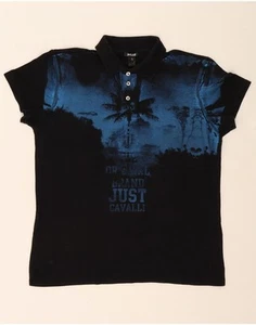 JUST CAVALLI Mens Graphic Polo Shirt Large Navy Blue Floral Hawaiian DO32 - Picture 1 of 3