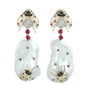 Pendientes colgantes de perlas de oro de 14K para mujer de rubí y diamantes d... - Imagen 1 de 6
