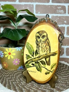 Vintage Wood Slice Decoupage Hanging Wall Plaque Retro Owl Bark Edge - Picture 1 of 6