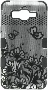 Asmyna Cell Phone Case for Samsung On 5 - Black Lace Flowers (2D Silver)/Black - Picture 1 of 2