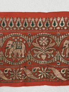 Antique Vintage Gold Silk Brocade Ribbon W Metal Thread Elephant Motif 5” x 52” - Picture 1 of 17